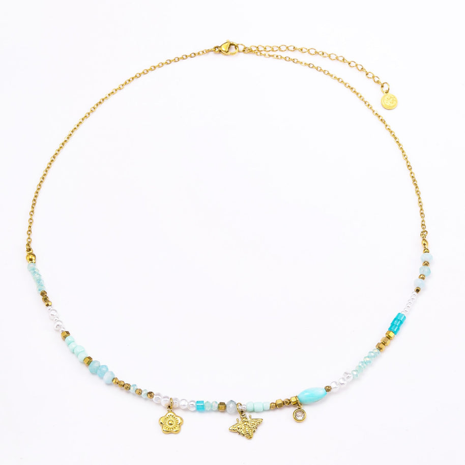 Colgante dorado piedras azules y abeja
