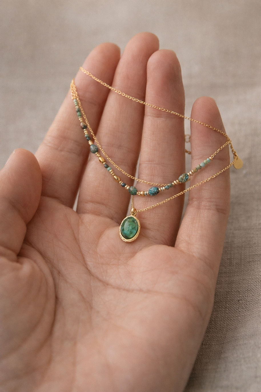 Colgante dorado doble piedras aguamarinas jaspeadas