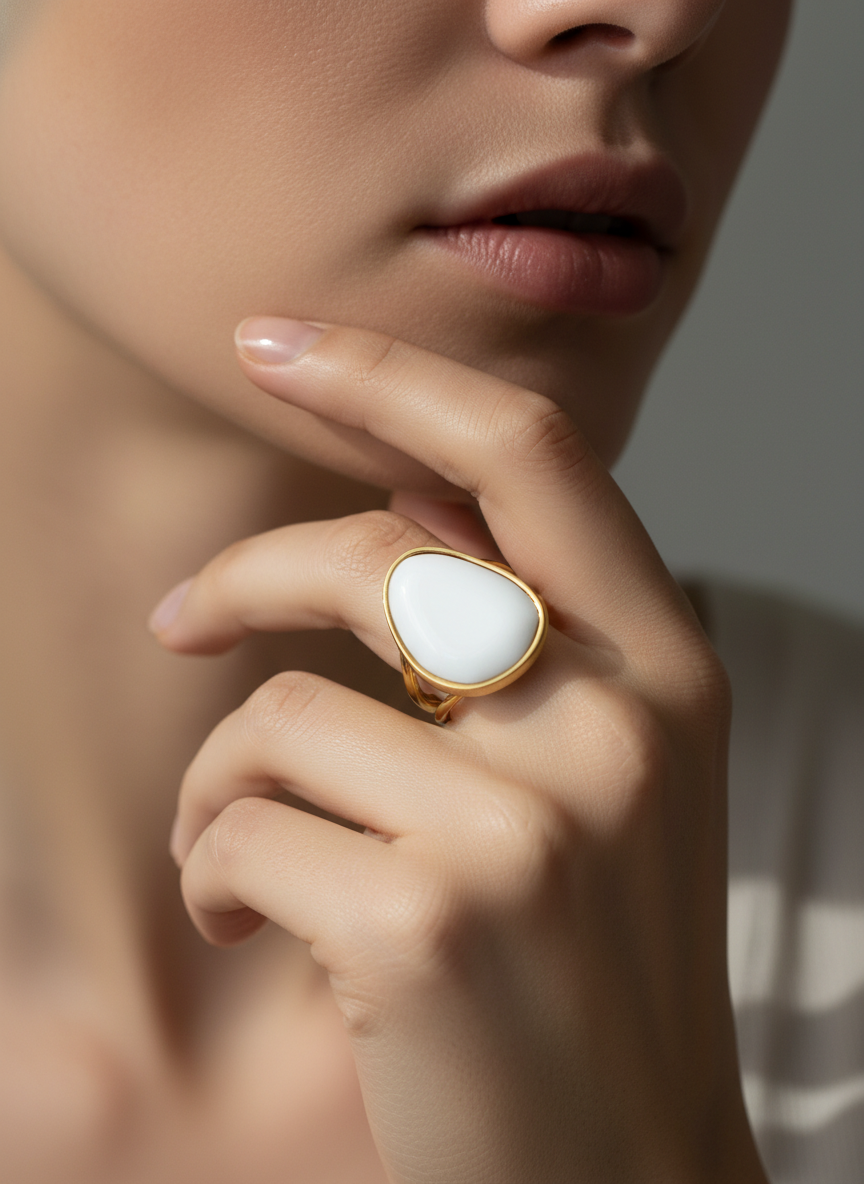 Anillo dorado con piedra blanca en forma orgánica