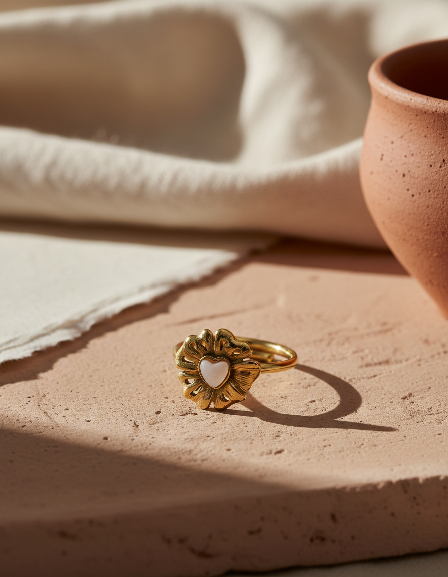 Anillo dorado de flor con corazón
