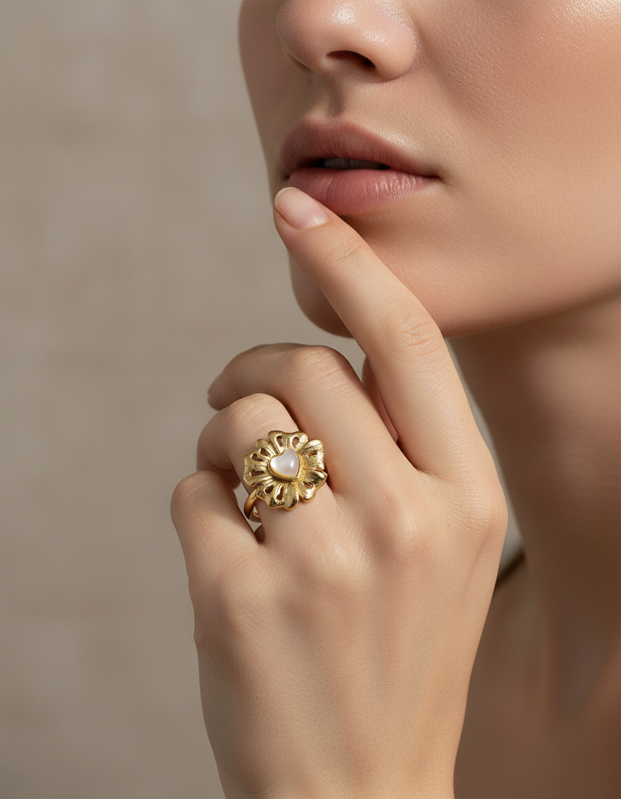 Anillo dorado de flor con corazón