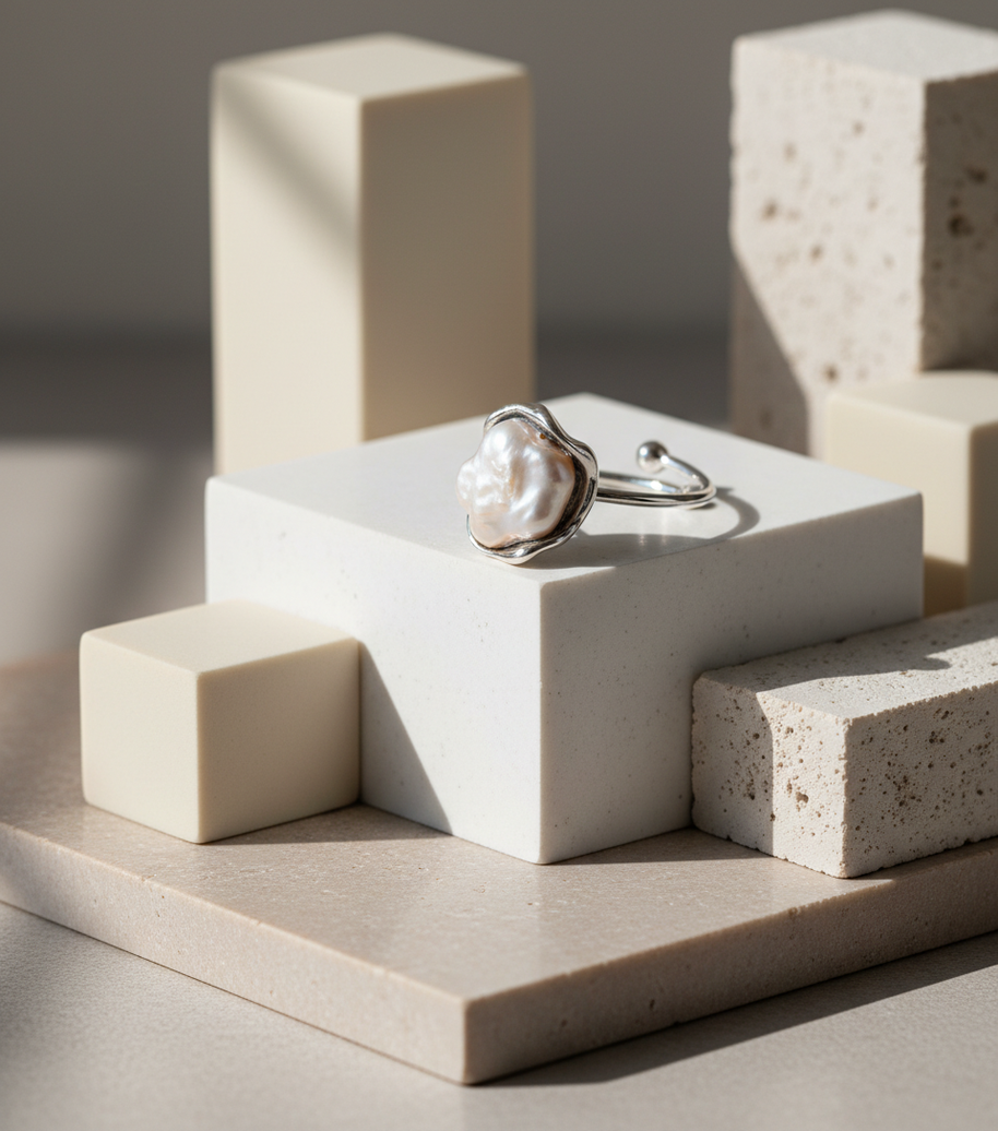 Anillo plateado abierto con perla natural