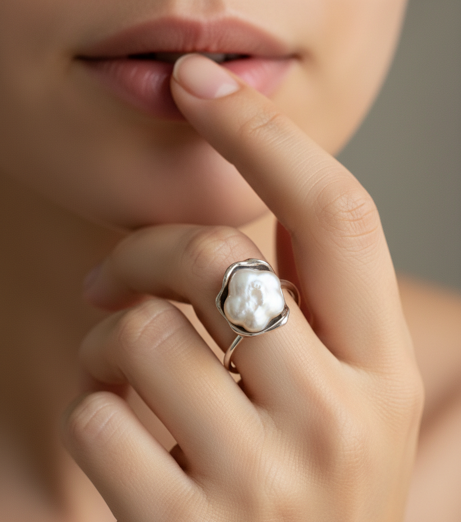 Anillo plateado abierto con perla natural