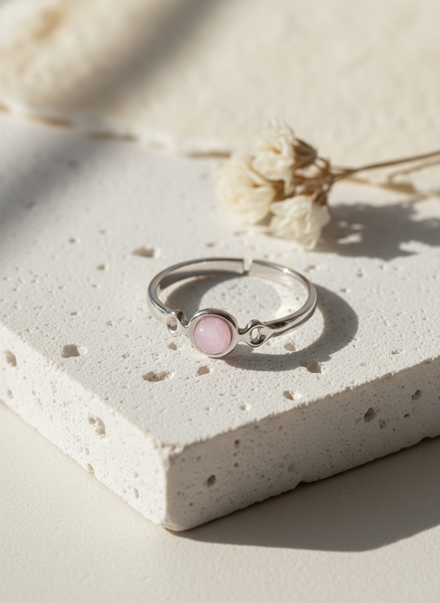 Anillo plateado con piedra circular ágata rosa