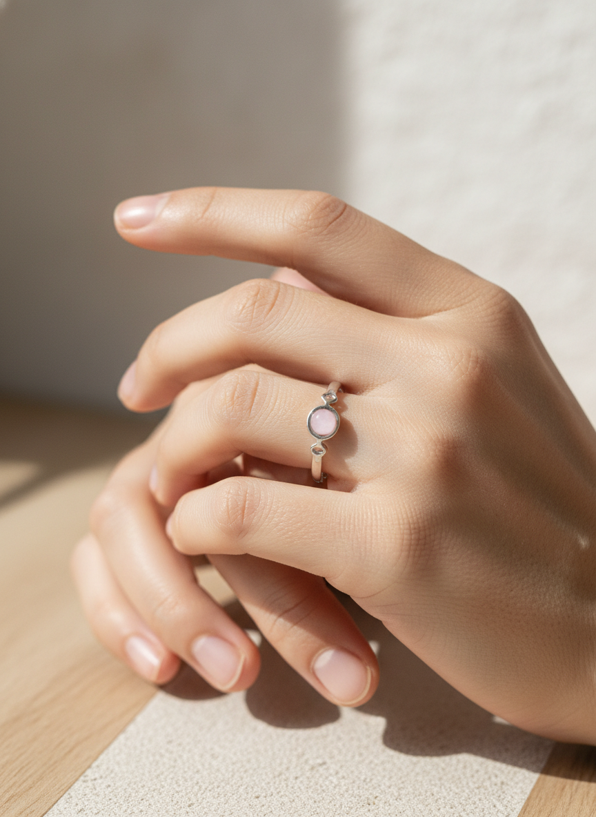 Anillo plateado con piedra circular ágata rosa