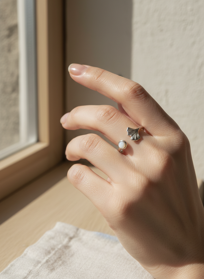 Anillo plateado con hoja de ginko y piedra