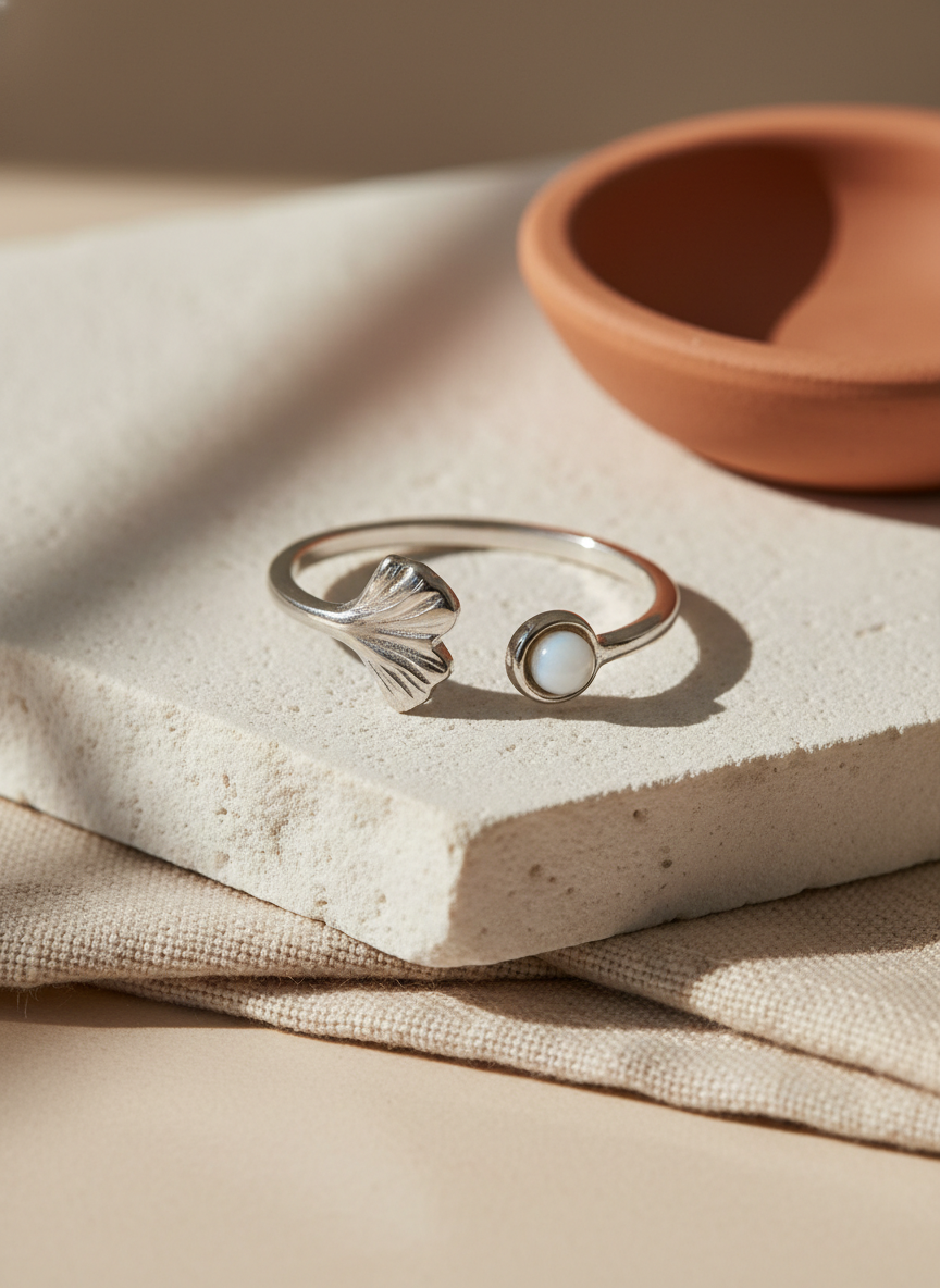 Anillo plateado con hoja de ginko y piedra
