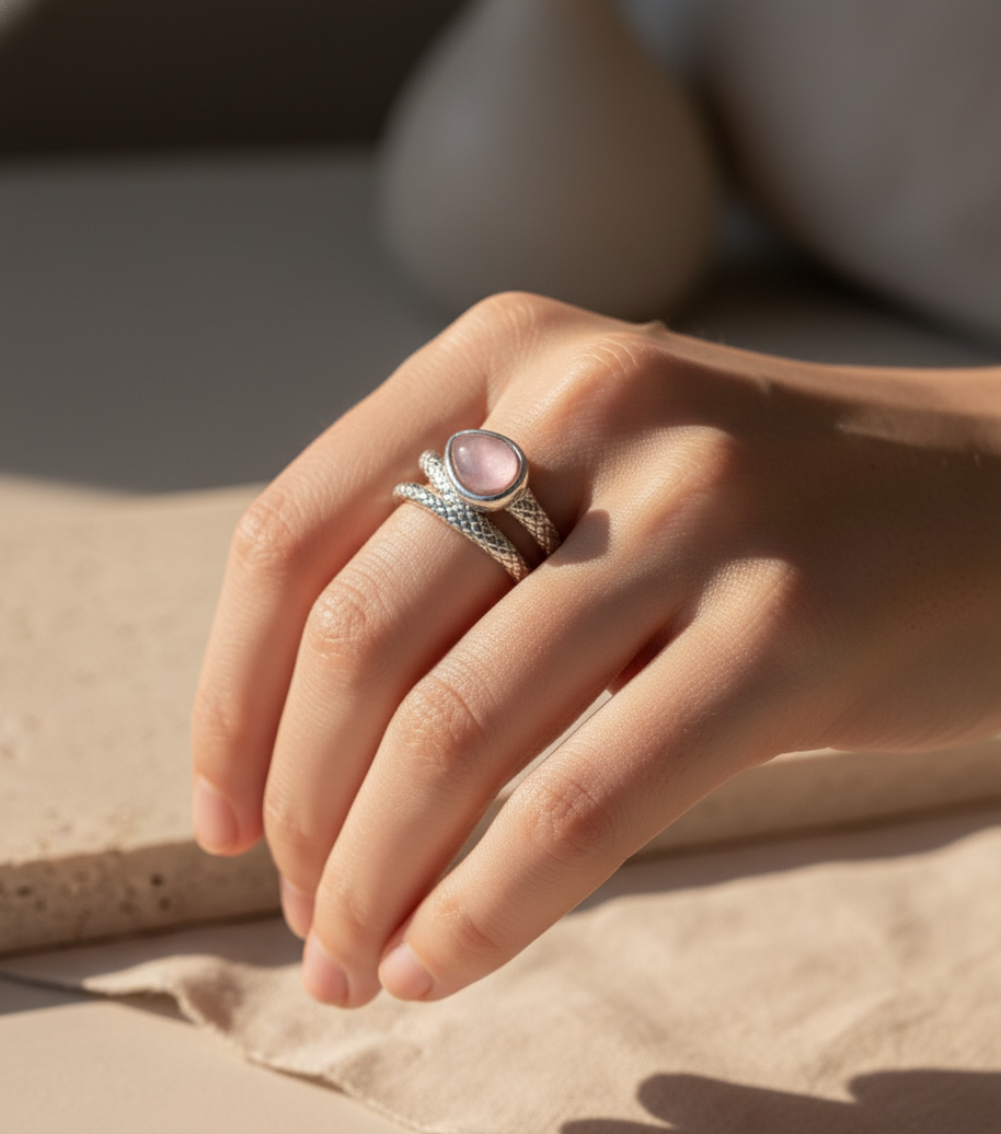 Anillo plateado con piedra rosa