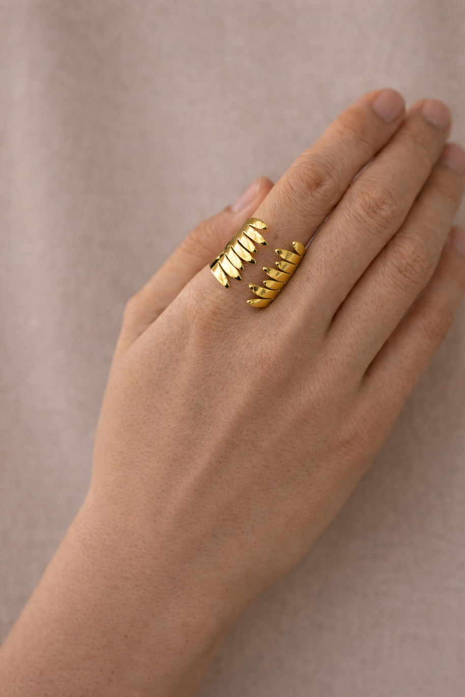 Anillo dorado con diseño en alas abrazadas