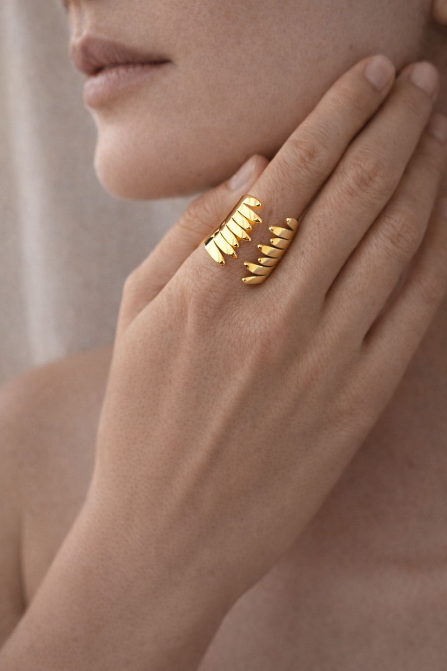 Anillo dorado con diseño en alas abrazadas