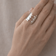 Anillo plateado con diseño en alas abrazadas