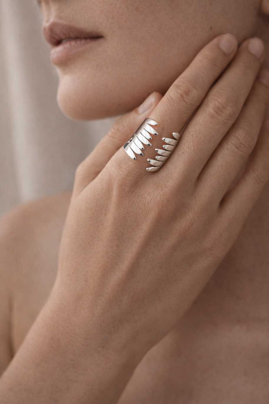 Anillo plateado con diseño en alas abrazadas
