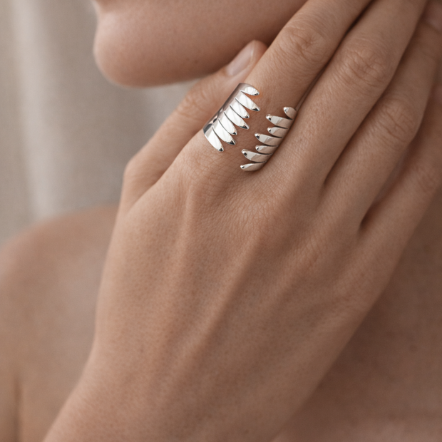 Anillo plateado con diseño en alas abrazadas