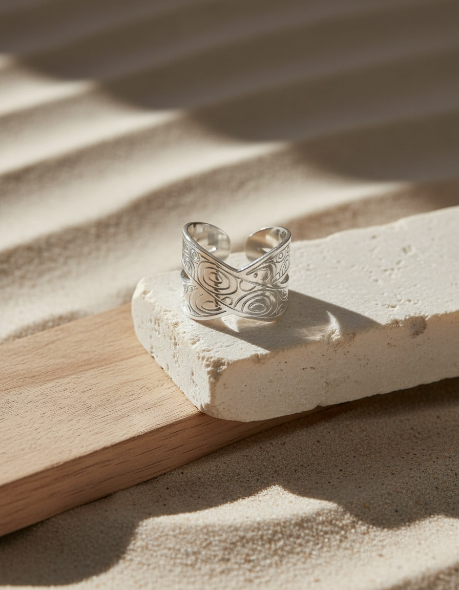 Anillo plateado cruzado con motivos circulares