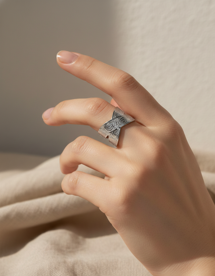 Anillo plateado cruzado con motivos circulares