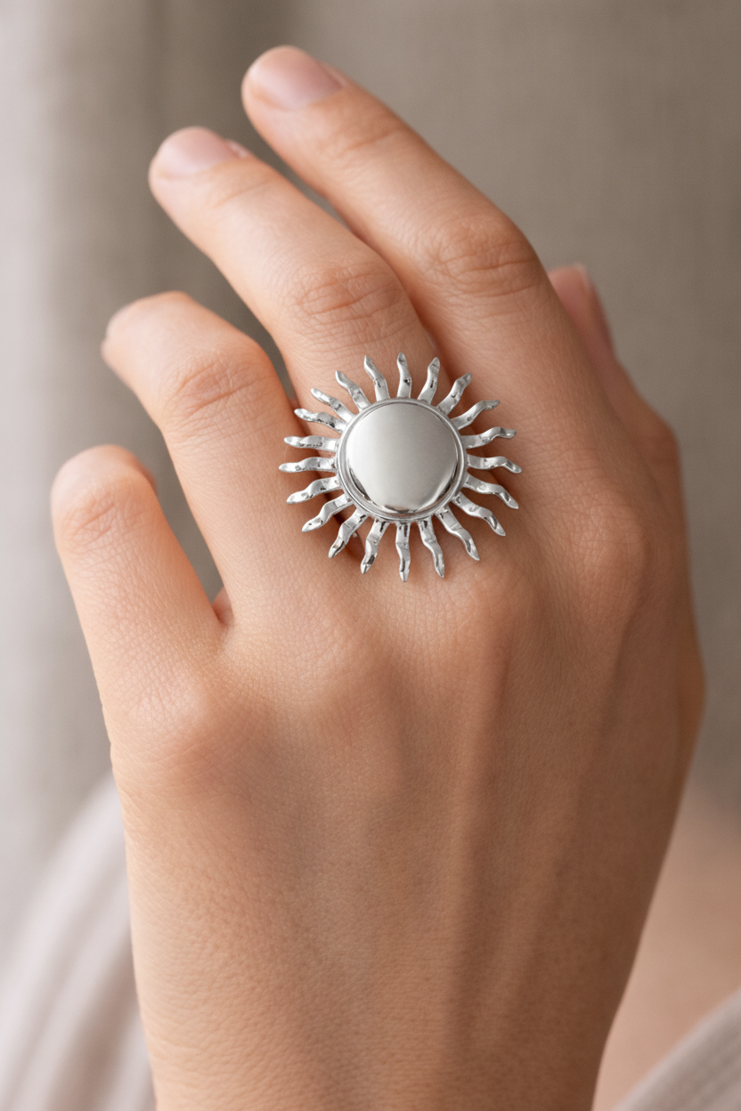 Anillo plateado de sol