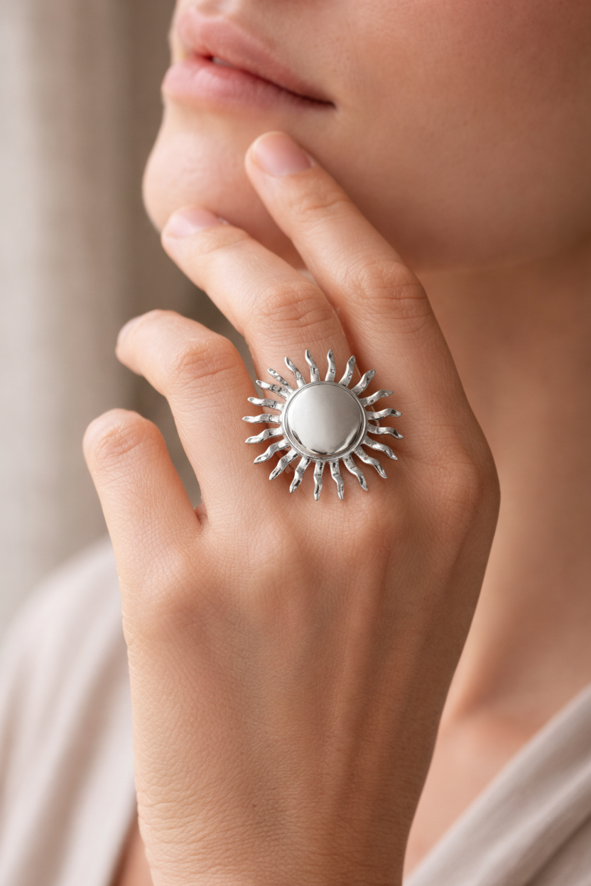 Anillo plateado de sol