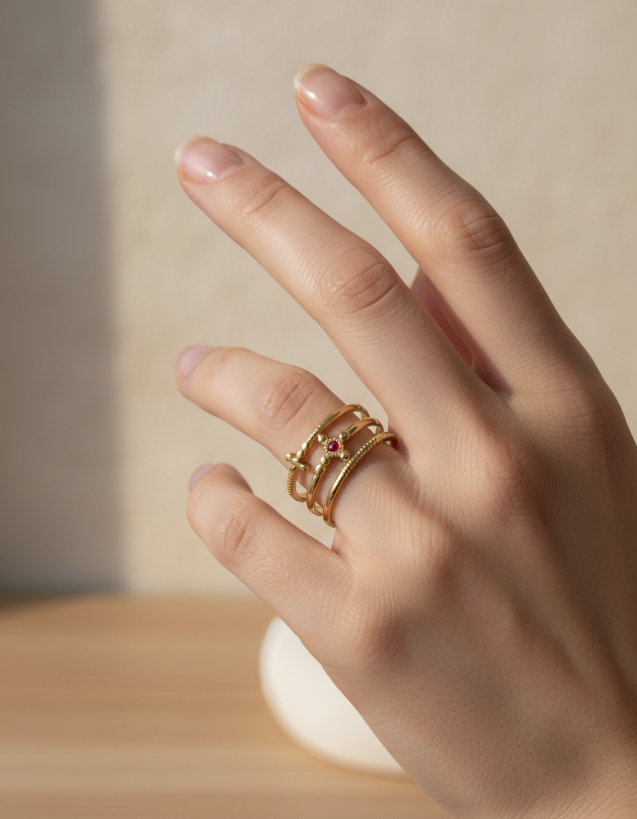 Anillo triple dorado piedra roja