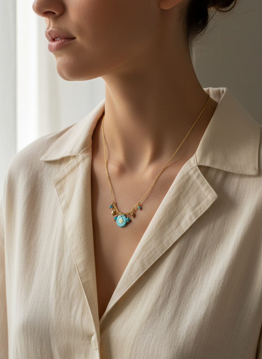 Collar dorado con colgantes círculos azules