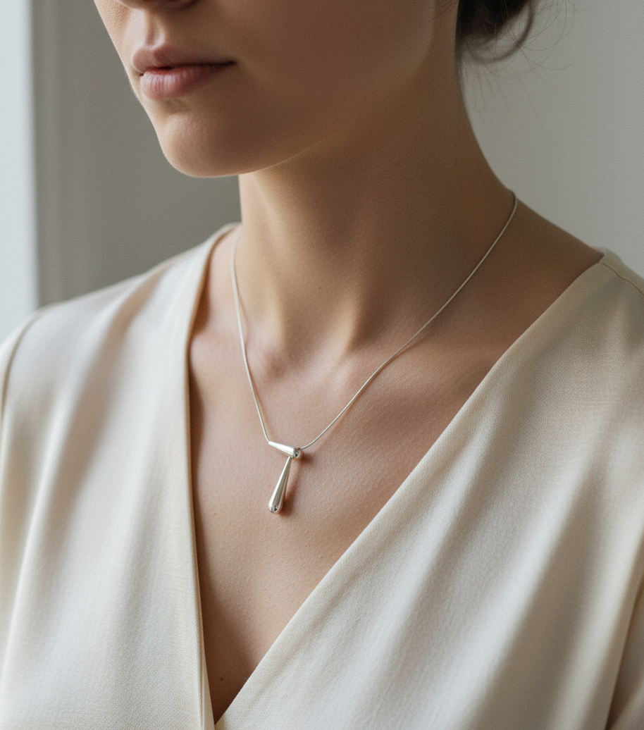 Collar plateada minimalista con colgante en forma de lágrima