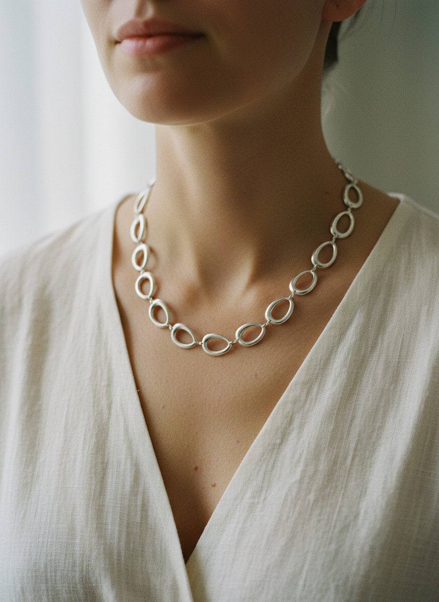 Collar plateado de eslabones ovalados irregulares