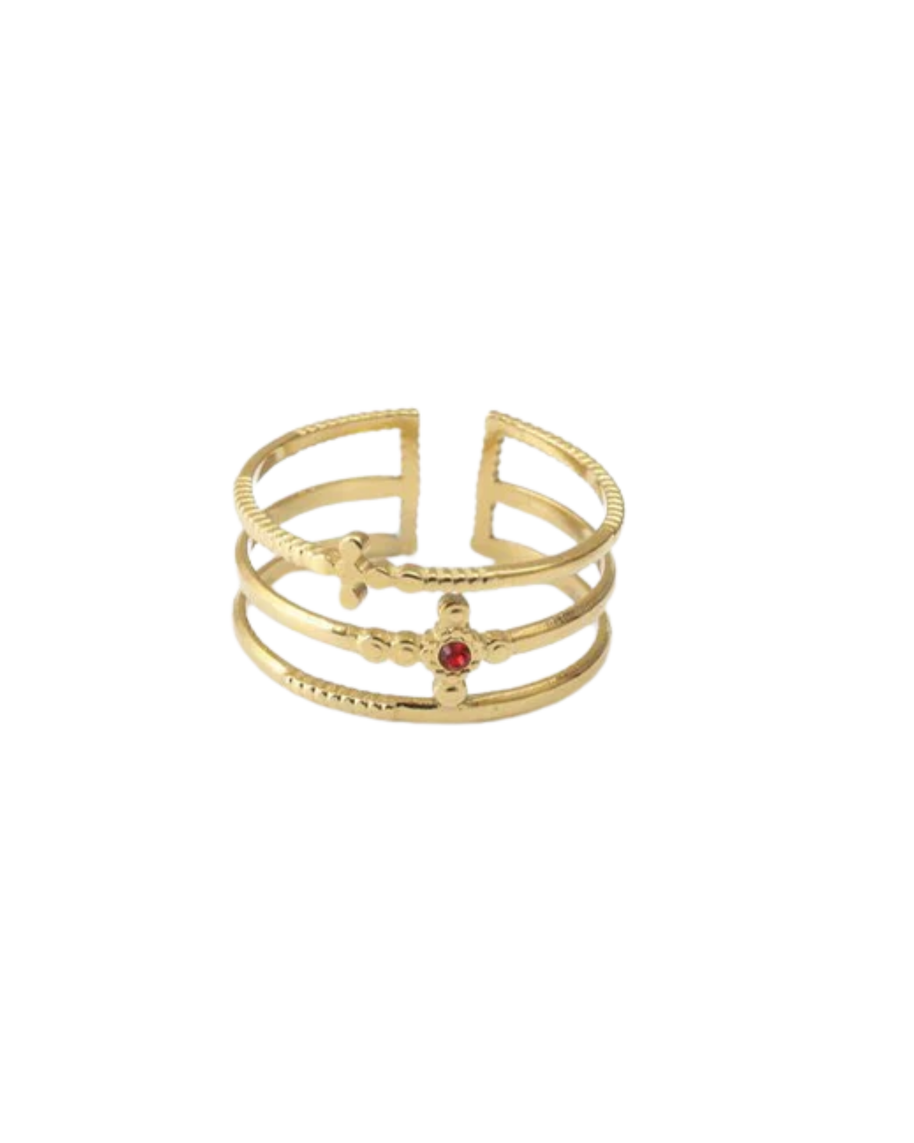 Anillo triple dorado piedra roja