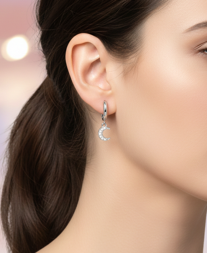 Mujer usando pendientes de aro plateados con colgante de luna Namare