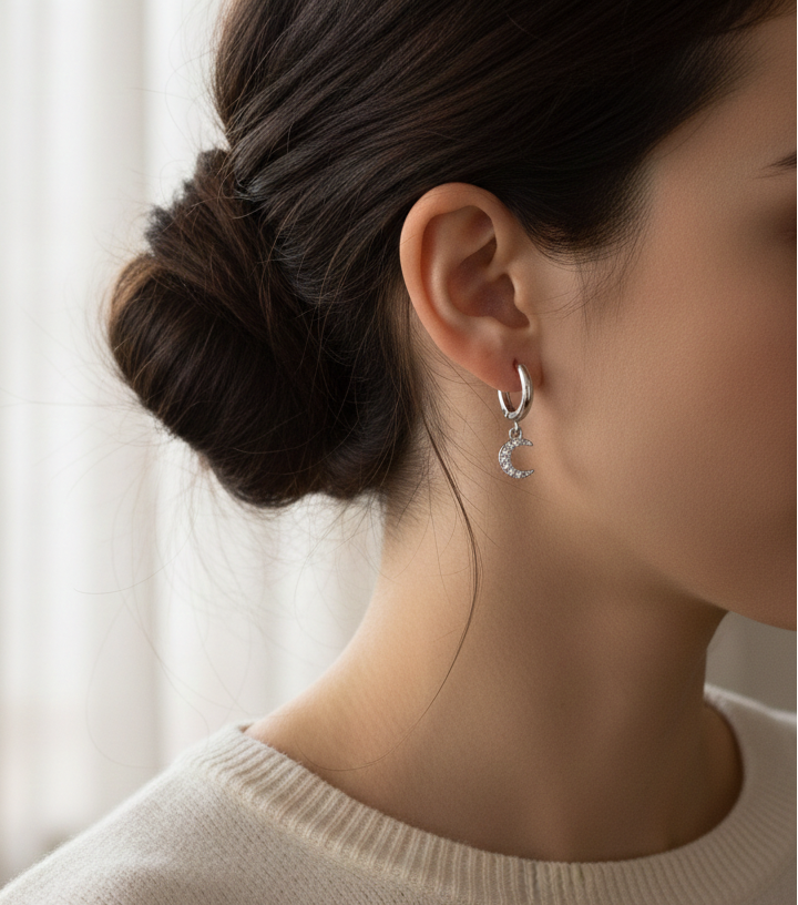 Pendientes de aros plateados con colgante luna de circonitas