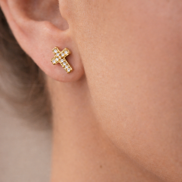 Pendientes de cruz dorada con circonitas