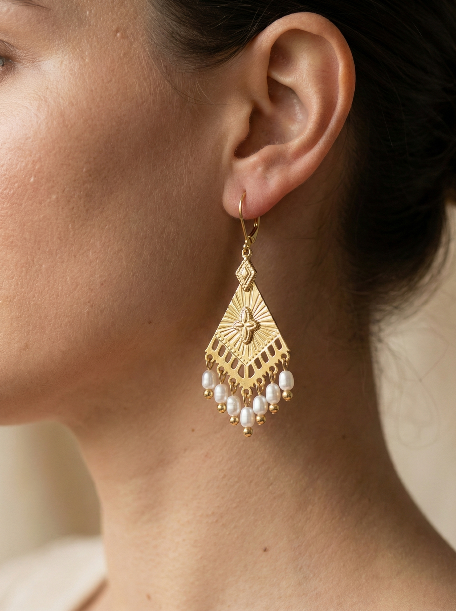Pendientes tribales dorados con perlas colgantes
