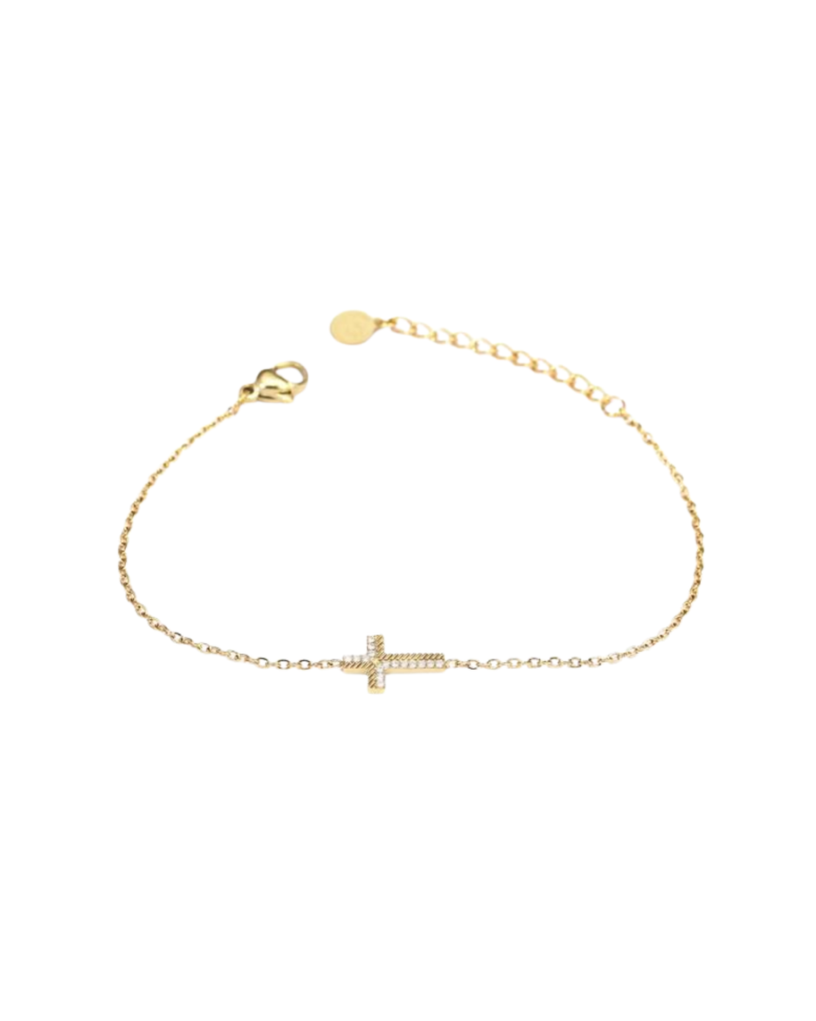 Pulsera dorada con cruz y circonitas