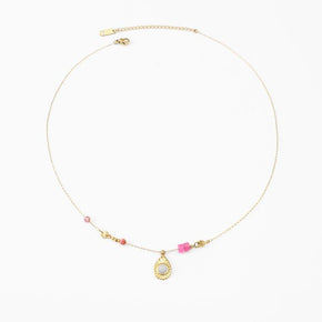 Colgante dorado piedras rosas y detalle de lagrima