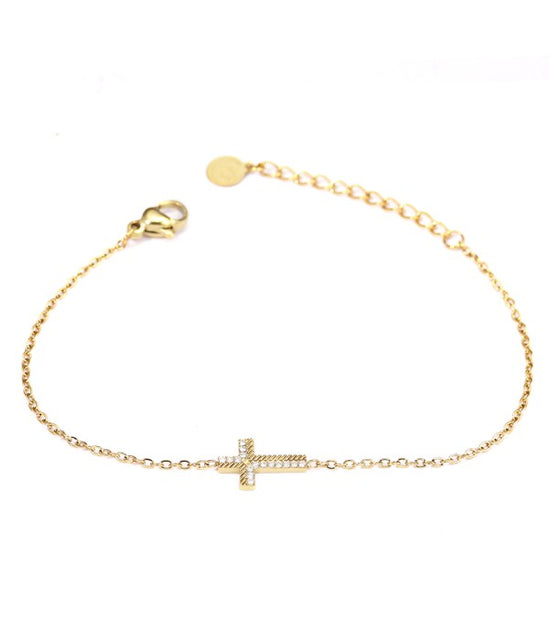 Pulsera dorada con cruz y circonitas