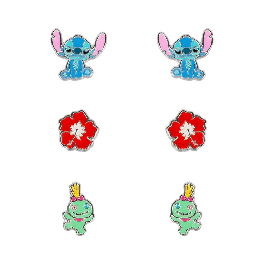 Set 3 Pares de pendientes Stitch Disney plata