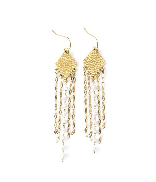 Pendientes largos con rombo dorado, cadenas y perlas.