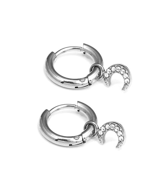 Pendientes de aros plateados con colgante luna de circonitas